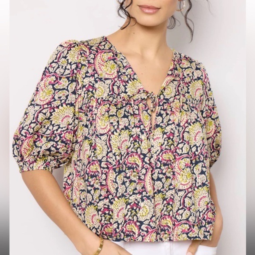 Emerson Fry Love Tomas Paisley Puff Sleeve Babydoll Top Pink Navy XS/S